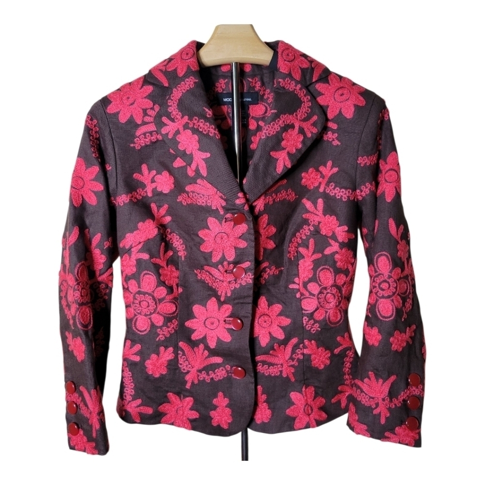Moda International Brown Pink Embroidered Floral Print Structured Blazer
